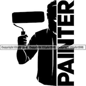 May include: Black and white silhouette of a painter holding a paint roller with the word "PAINTER" vertically beside him.