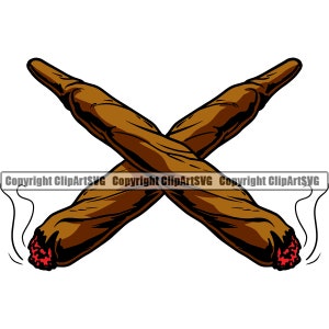 以下が含まれることがあります： X字型に交差した2本の茶色の葉巻のイラスト。葉巻の先端は赤い火種で燃えており、そこから煙が出ています。画像は白い背景にあります。