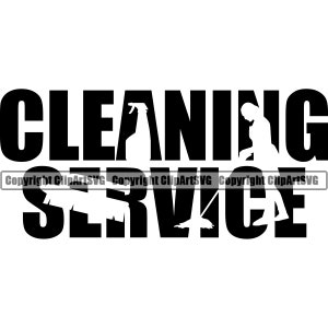 May include: Black and white silhouette design of a cleaning service logo. The word "CLEANING" is in large letters with a silhouette of a person holding a spray bottle inside the "N". The word "SERVICE" is in large letters with silhouettes of a person holding a broom inside the "S" and a person holding a mop inside the "E".