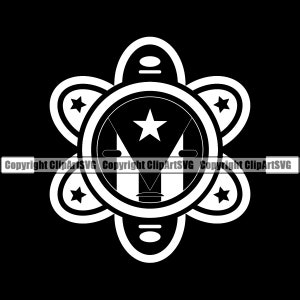 May include: Black and white stylized illustration of a stylized face with a star in the center, surrounded by five circles with stars. The design is reminiscent of a traditional Puerto Rican symbol.