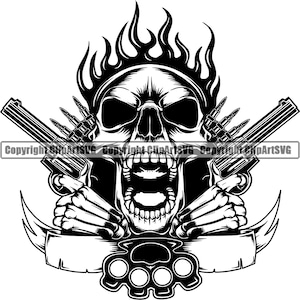 May include: Black and white graphic of a skull with flames above it, holding two revolvers with bullets. A banner and brass knuckles are below the skull. The text "Copyright ClipArtSVG" is present.