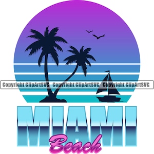 Miami Beach Summer Palm Tree Relax Sun Sand Ocean Nature Island Resort Surf Element Travel Art Design Logo SVG PNG Clipart Vector Cut File