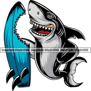 Puede incluir: Un tiburón de dibujos animados con una sonrisa de dientes sosteniendo una tabla de surf azul con ribetes blancos. El tiburón tiene un cuerpo blanco y negro con una barriga gris. La tabla de surf tiene una aleta en la parte inferior y un borde dentado en la parte superior.