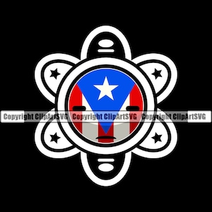 May include: A white stylized flower with a red, white, and blue face in the center. The face has a Puerto Rican flag design. The flower has five petals with a star on each petal.
