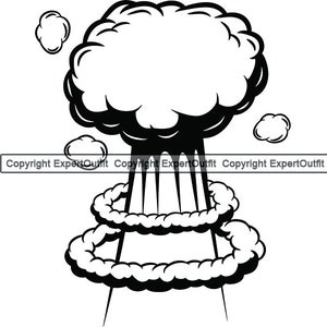 May include: Black and white illustration of a cartoon explosion with a large mushroom cloud and three rings of smoke.