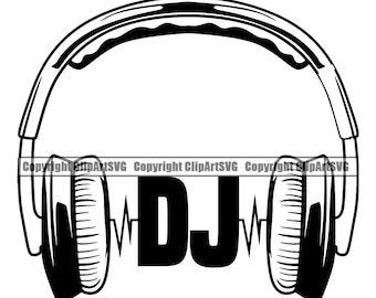 May include: Black and white illustration of a pair of headphones with the word "DJ" in the center. The headphones have a wavy line on each side, representing sound waves.