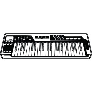 Könnte beinhalten: Schwarz-weiß-Illustration eines Keyboards mit einem digitalen Display, das "711" anzeigt. Das Keyboard hat eine Reihe von Knöpfen und Drehreglern.
