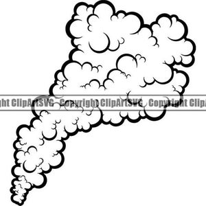 Puede incluir: Ilustración en blanco y negro de una nube grande y esponjosa con una cola giratoria y vaporosa. La nube tiene la forma de una gran mancha irregular con una parte superior redondeada y una parte inferior puntiaguda.