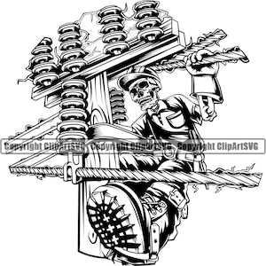 Power Line Electrician Skeleton Skull Technician Electric Wire Work Worker Industry Job Repair Fix Company Logo PNG SVG Clipart Vector Cut