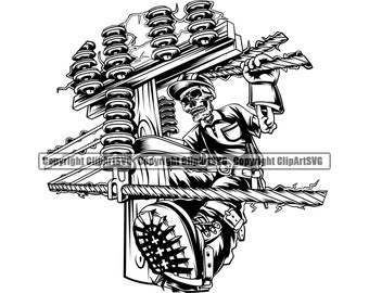 Power Line Electrician Skeleton Skull Technician Electric Wire Work Worker Industry Job Repair Fix Company Logo PNG SVG Clipart Vector Cut
