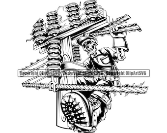 Power Line Electrician Skeleton Skull Technician Electric Wire Work Worker Industry Job Repair Fix Company Logo PNG SVG Clipart Vector Cut
