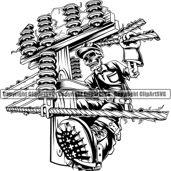 Power Line Electrician Skeleton Skull Technician Electric Wire Work Worker Industry Job Repair Fix Company Logo PNG SVG Clipart Vector Cut