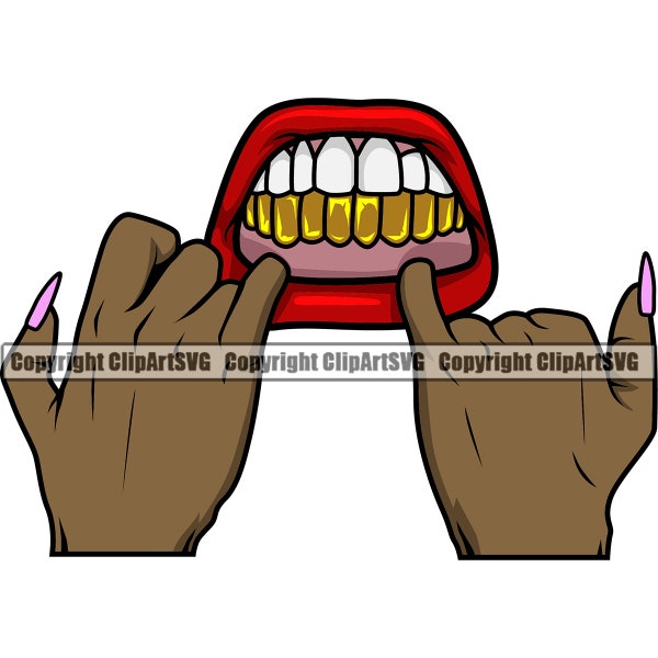 Lips Gold Teeth Female Hands Showing Mouth Mean Mug Ghetto Grill Rap Hip Hop Mask Art Design Element Logo SVG PNG Clipart Cricut Vector Cut