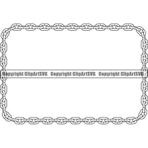 May include: Black and white outline of a chain link border. The chain links are connected to form a square frame.