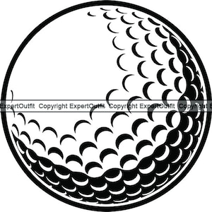 May include: Black and white illustration of a golf ball with dimples.