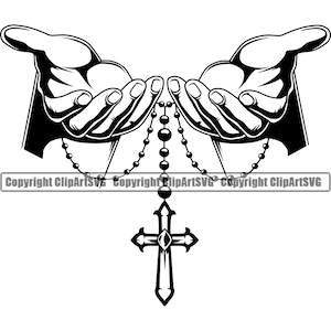 Bidden bidden gebed open handen rozenkrans kralen Jezus God geloof Christus Heilige Bijbel kruis kerk hoop ontwerp liefde kunst logo SVG vector clipart knippen