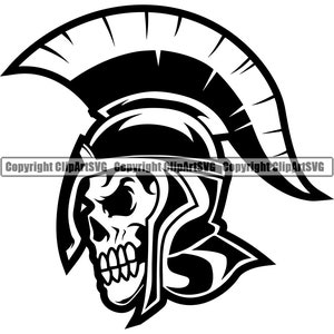 Cráneo espartano Esqueleto Casco de batalla Guerrero Signo Espada Vikingo Bárbaro Medieval Mascota Juego Diseño Logotipo SVG PNG Clipart Vector Cut File