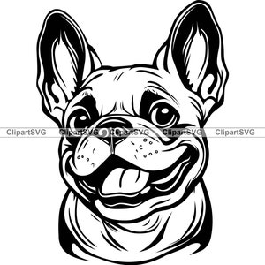 Französische Bulldogge Lächelnder Hund niedliches Welpe Gesicht Hunde Haustier Portrait Pfote Pfote Stammbaum Cartoon Zeichnung Kunst Logo Tattoo Design SVG PNG Schneiden Schneiden