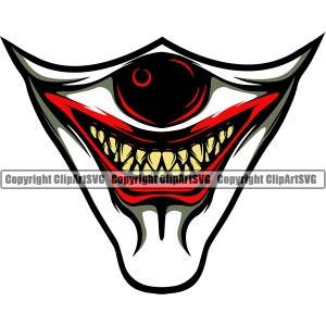 Puede incluir: Una ilustración en blanco y negro de una máscara de payaso espeluznante con un solo ojo rojo y una amplia sonrisa de dientes.