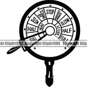 May include: Black and white illustration of a ship's telegraph, a circular device with a pointer and markings for "Stop", "Stand By", "Slow", "Half", "Full", "Head", and "Astern".