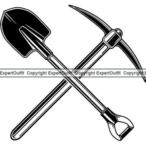 May include: Black and white illustration of a shovel and pickaxe crossed over each other.