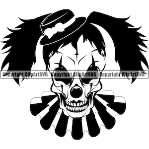 Malvado Payaso Circo Cráneo aterrador Muerte Matar Asesino Tatuaje Miedo Cara asustada Cabeza Horror Halloween Logo SVG PNG Clipart Vector Cricut Corte Corte