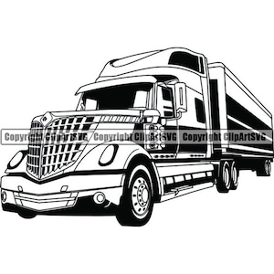 May include: A black and white line drawing of a semi-truck with a trailer. The truck has a large grill and headlights. The trailer is a flatbed with no cargo.