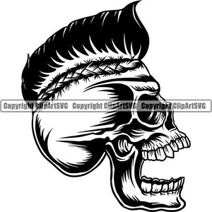 May include: Black and white illustration of a skull with a mohawk hairstyle and a band around its head. The skull is looking to the right and has its mouth open.