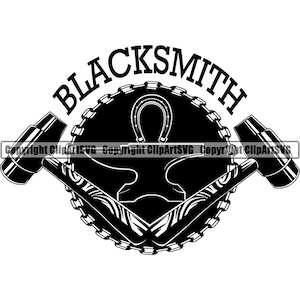 Könnte beinhalten: Schwarzweiß-Illustration eines Schmiede-Logos. Das Logo zeigt ein Hufeisen, einen Amboss und zwei gekreuzte Hämmer mit einer Sägekette im Hintergrund. Das Wort "BLACKSMITH" ist in einem Kreisbogen über dem Design geschrieben.