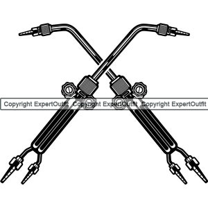 May include: Black and white illustration of two crossed welding torches. Each torch has a nozzle, a handle with a ribbed grip, and a valve. The image includes the text "Copyright ExpertOutfit".