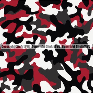 May include: A seamless pattern of red, black, and white camouflage. The pattern is made up of irregular shapes and is repeated throughout the image.
