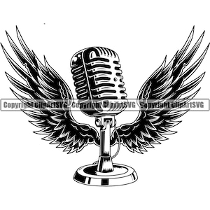 Mikrofon Flügel Rock Roll Audio Tonaufnahme Schallplatte Stimme Mic Musik Studio Radio Podcast Art Logo Design Logo SVG PNG Vektor Clipart Cut