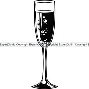 May include: A black and white illustration of a champagne flute filled with bubbly champagne.