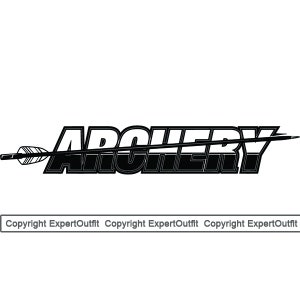 May include: Black and white graphic design of the word "ARCHERY" with an arrow going through the word. The arrow is pointing to the right.