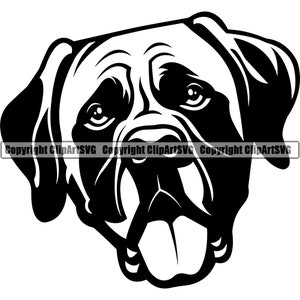 Mastiff hondenras hoofd blij gezicht glimlach Paw Puppy Pup huisdier K9 Bullmastiff Engels Dogue De Bordeaux Logo SVG PNG Clipart Vector knippen snijden