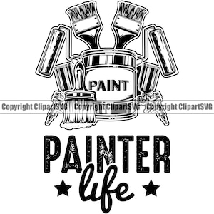 May include: Black and white illustration of a paint can with paint brushes and a spray gun. The text "PAINT" is on the can. The text "PAINTER life" is below the can.