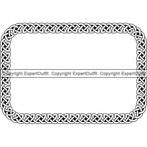 May include: Black and white Celtic knot border frame. The frame is made up of a continuous line of interlacing knots.
