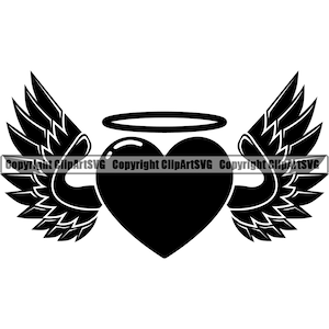 Coeur Angel Wings Halo Love Symbol Angel Tattoo Tat Valentines Life Death Feather Fly Flying SVG PNG Digital Clipart Vector Cutting File