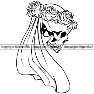 Puede incluir: Un dibujo en blanco y negro de una calavera con un velo y una corona de flores. La calavera está mirando hacia la derecha y el velo fluye detrás de ella.