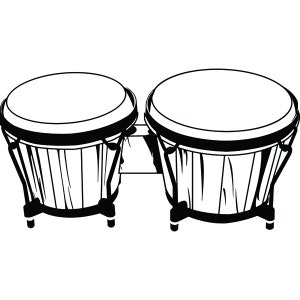 May include: A pair of black and white wooden bongos, a traditional percussion instrument.