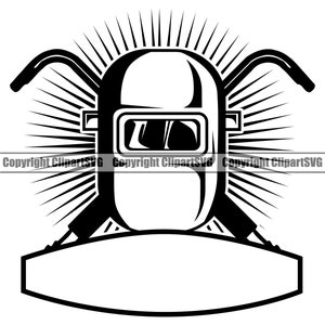 Welder Welding Mask Helmet Weld Torch Steel Metal Mechanic Work Worker Tech Build Fix Repair Ribbon Design Element Logo SVG PNG Vector Cut