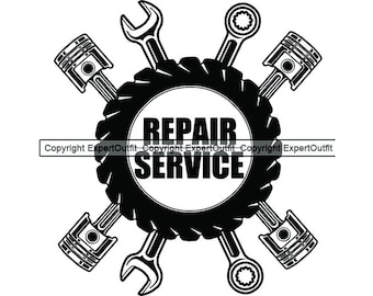 Può includere: Illustrazione in bianco e nero di uno pneumatico con le parole "Repair Service" all'interno. Quattro pistoni e due chiavi sono disposti attorno allo pneumatico.