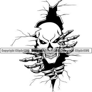 May include: A black and white illustration of a skull breaking through a cracked wall. The skull has a menacing expression with sharp teeth and piercing eyes.
