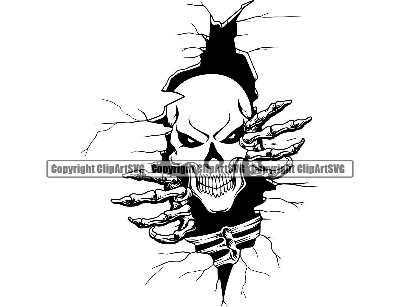 Flesh Riping Icon Skull Skeleton Hand Ribs Satan Devil Rip Grab Break Wall Crack Evil ...