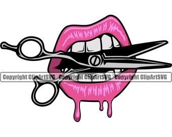 Lips Bite Scissors But Barber Hairstylist Drip Dripping Mouth Mask Woman Female Girl Beauty Sexy Design Logo SVG PNG Clipart Vector Cut File