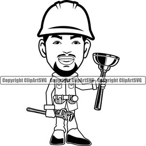 Plumbing Cartoon Man Plunger Pipe Wrench Repair Fix Service Tool Construction Plumb Plumber Work Art Design Logo SVG PNG Clipart Vector Cut