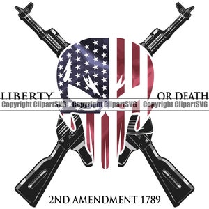 Op de afbeelding: Een zwart-witte schedelgrafiek met een Amerikaans vlagontwerp. De schedel wordt omringd door twee gekruiste geweren. De tekst "LIBERTY OR DEATH" staat boven de schedel en "2ND AMENDMENT 1789" staat onder de schedel.
