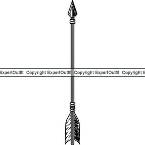 May include: A black and white illustration of an arrow with a pointed tip and fletching.