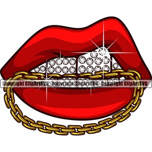 Sexy Lips Diamond Teeth Gold Chain Drip Gangster Rap Hip Hop Mouth Mask Grill Wall Art Kiss Design Logo SVG PNG Clipart Cricut Vector Cut