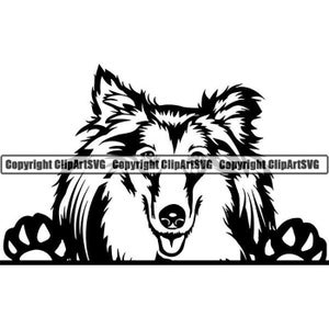 May include: Black and white silhouette of a Collie dog peeking over a surface with its paws on either side. The dog has a happy expression with its tongue sticking out.